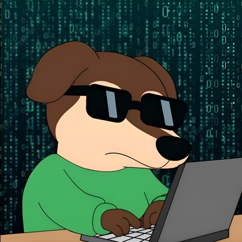 Param's avatar: a cartoon dog in sunglasses and a green sweater typing on a laptop in front of falling green code